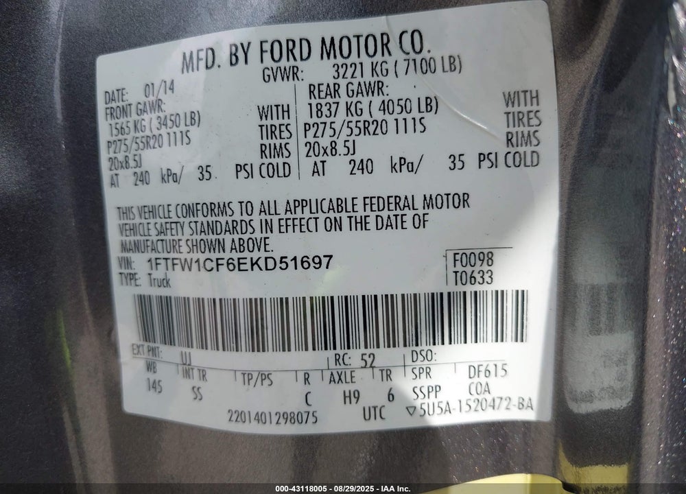 2014 FORD F-150 STX VIN: 1FTFW1CF6EKD51697