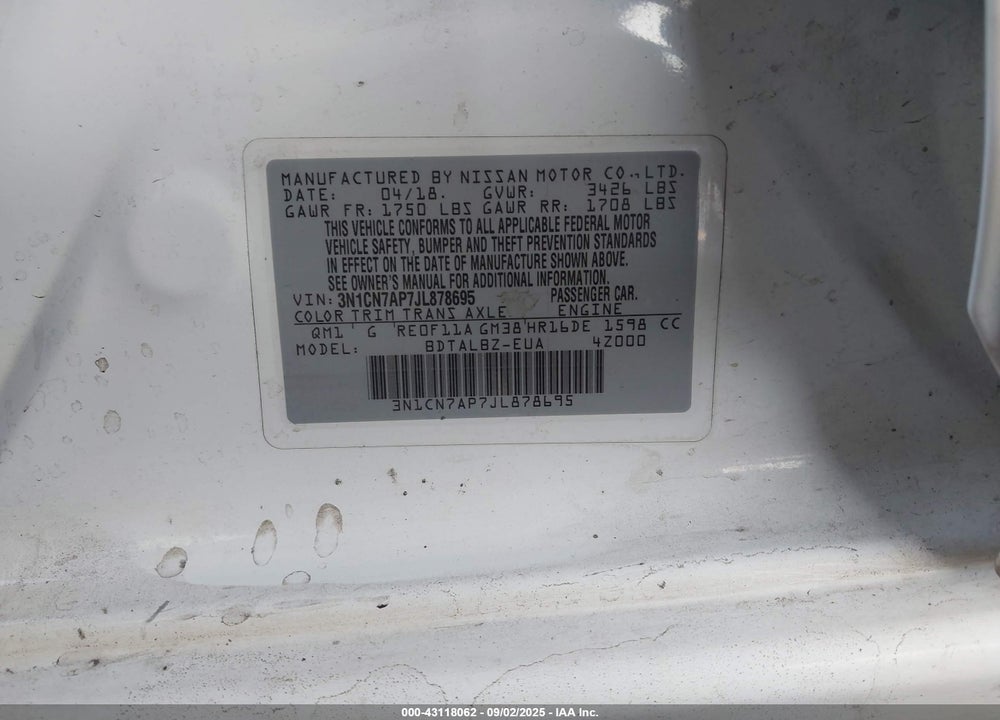 2018 NISSAN VERSA VIN: 3N1CN7AP7JL878695