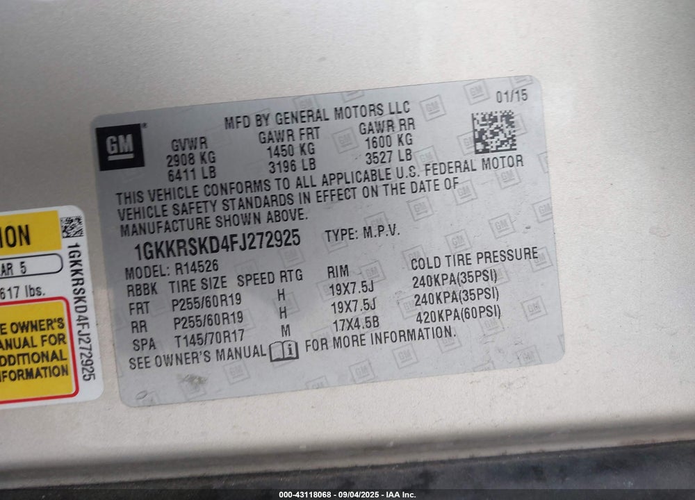 2015 GMC ACADIA VIN: 1GKKRSKD4FJ272925