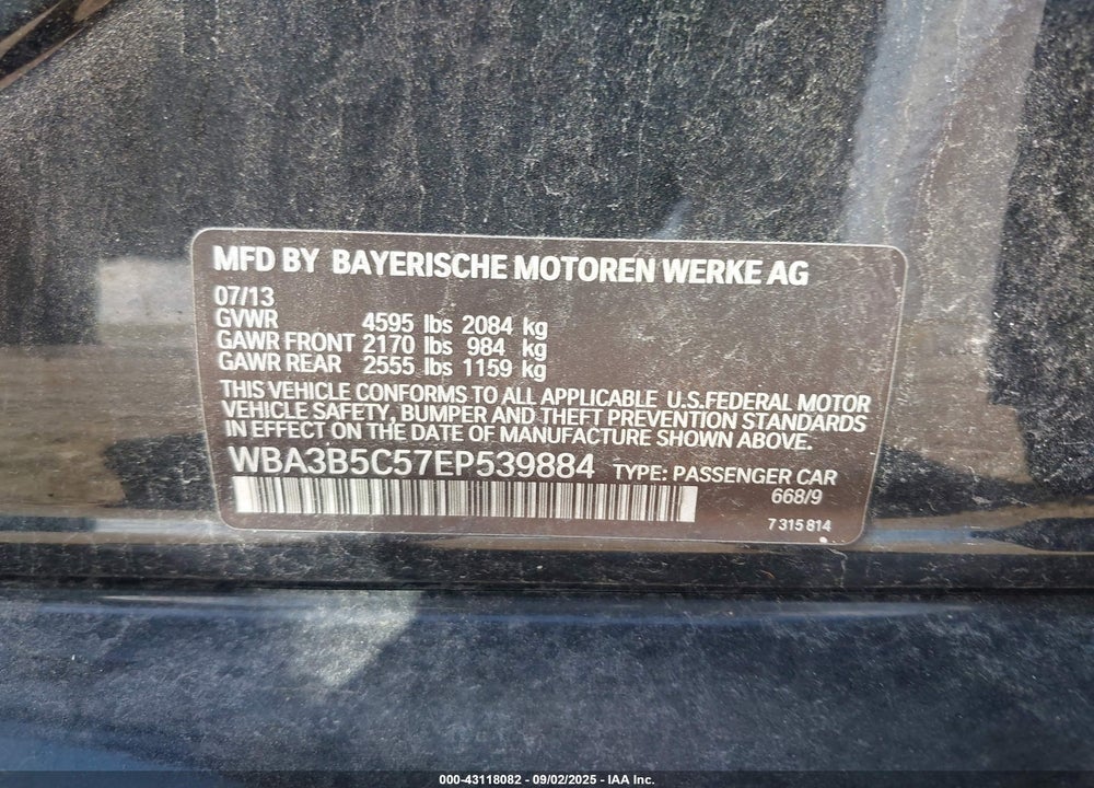 2014 BMW 3 SERIES VIN: WBA3B5C57EP539884