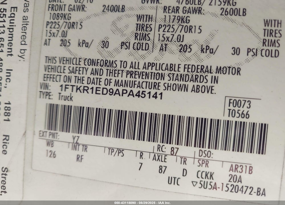 2010 FORD RANGER VIN: 1FTKR1ED9APA45141
