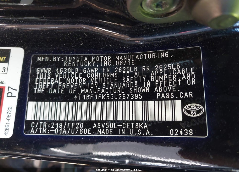 2016 TOYOTA CAMRY SE VIN: 4T1BF1FK5GU267395
