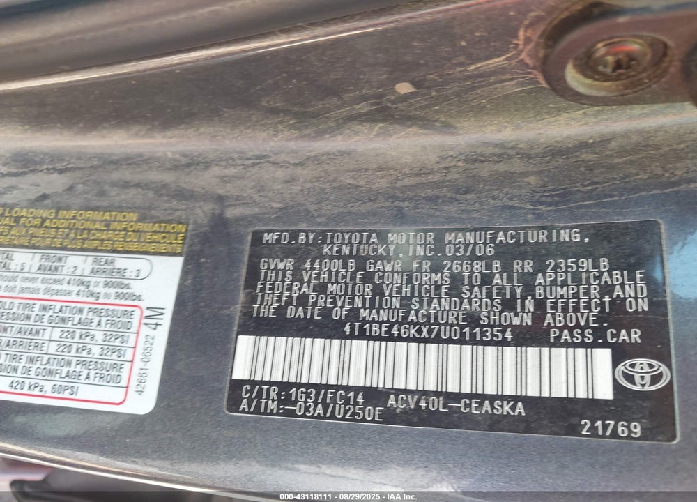 2007 TOYOTA CAMRY SE VIN: 4T1BE46KX7U011354