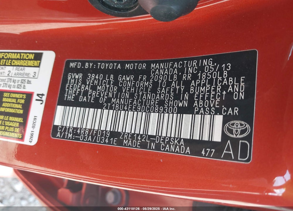 2013 TOYOTA COROLLA VIN: 2T1BU4EE9DC089300
