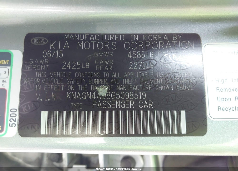 2016 KIA OPTIMA HYBRID VIN: KNAGN4AD8G5098519