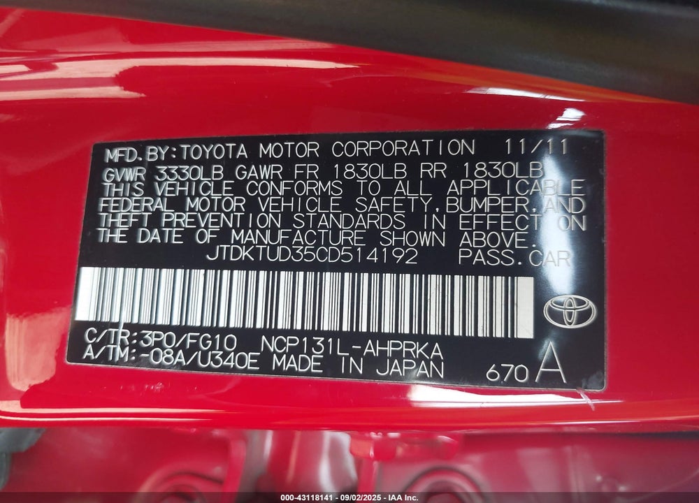 2012 TOYOTA YARIS VIN: JTDKTUD35CD514192