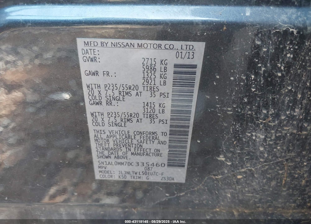 2013 INFINITI JX35 VIN: 5N1AL0MM7DC335460