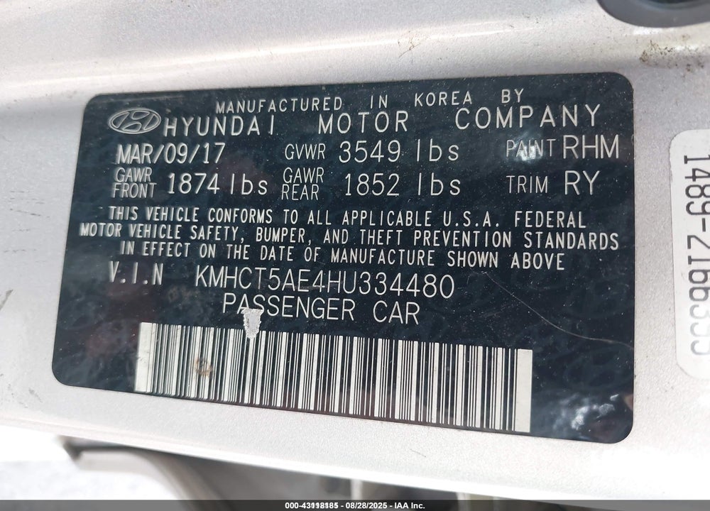 2017 HYUNDAI ACCENT VIN: KMHCT5AE4HU334480
