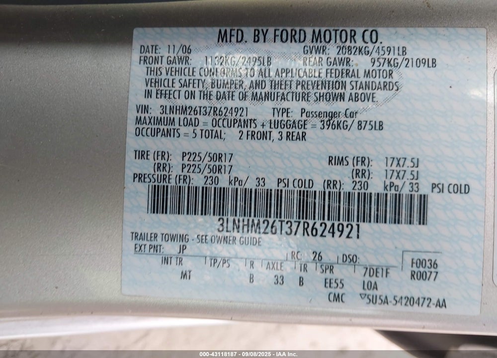 2007 LINCOLN MKZ VIN: 3LNHM26T37R624921