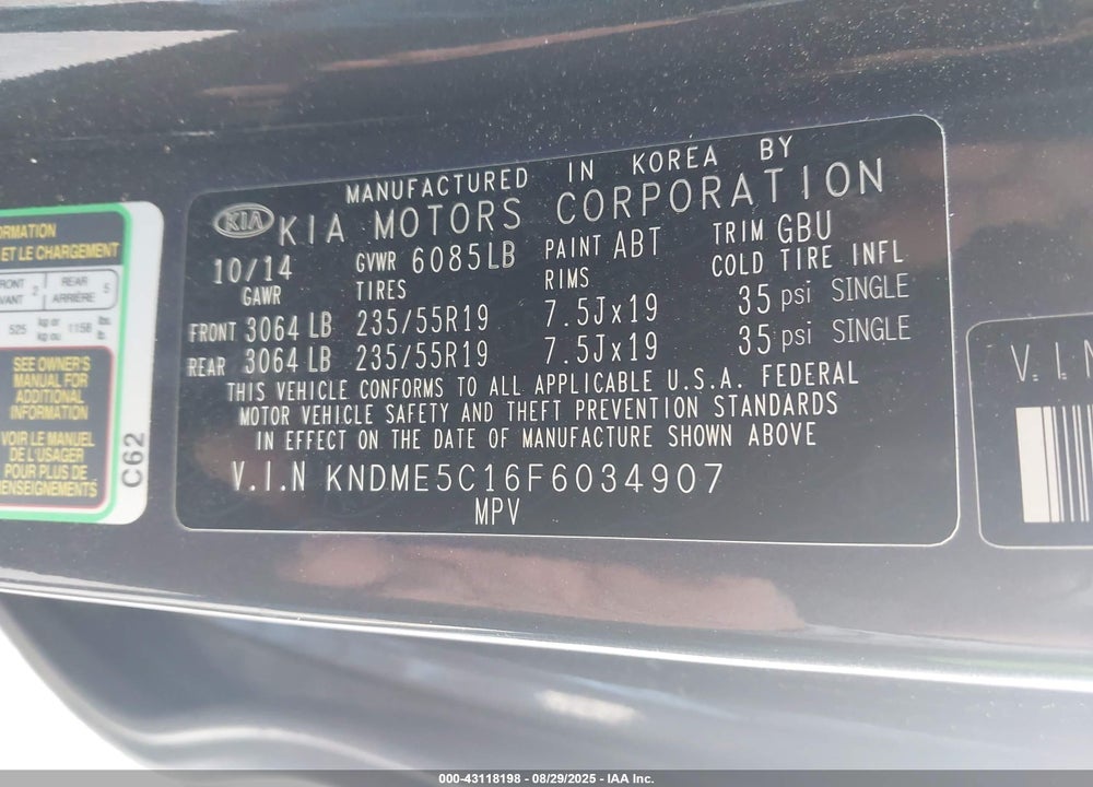 2015 KIA SEDONA VIN: KNDME5C16F6034907