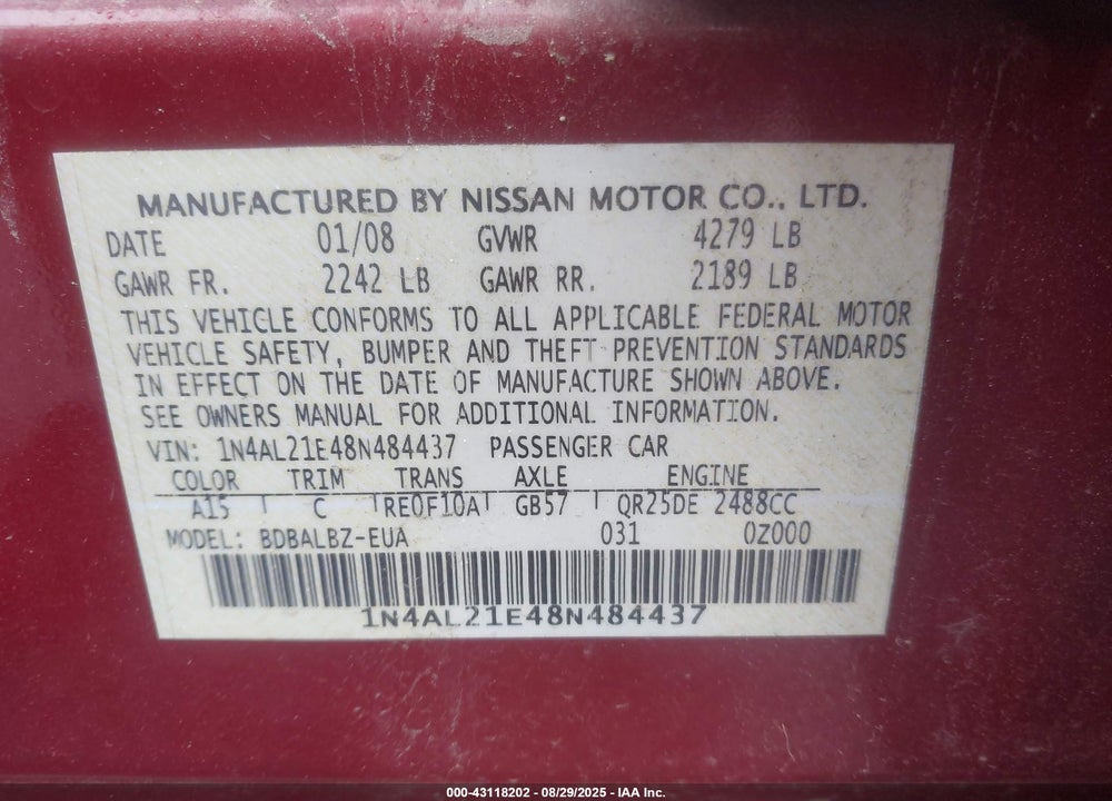 2008 NISSAN ALTIMA 2.5 S VIN: 1N4AL21E48N484437