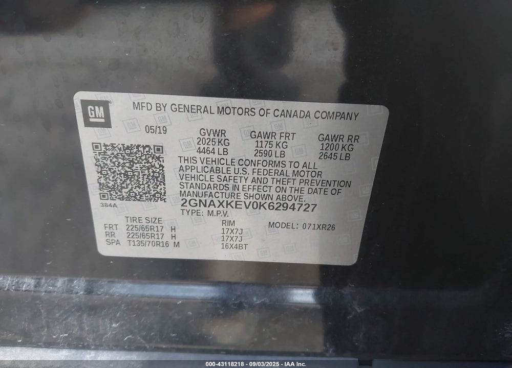 2019 CHEVROLET EQUINOX LT VIN: 2GNAXKEV0K6294727