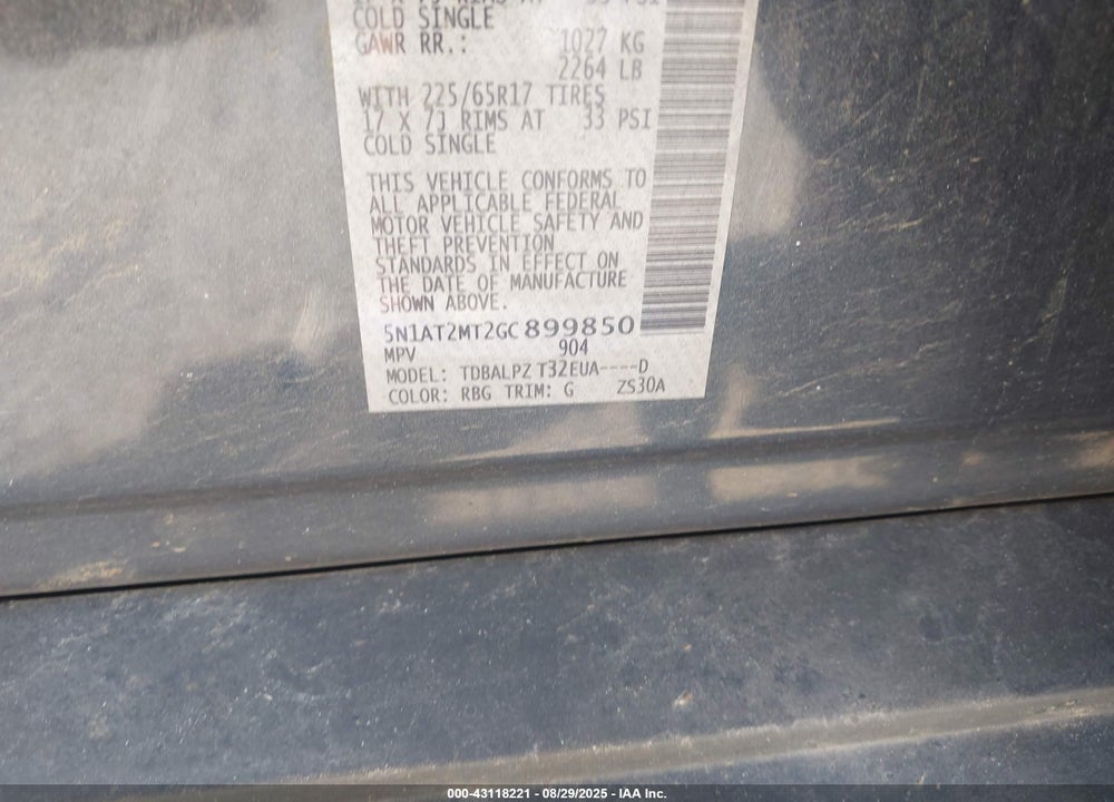 2016 NISSAN ROGUE VIN: 5N1AT2MT2GC899850