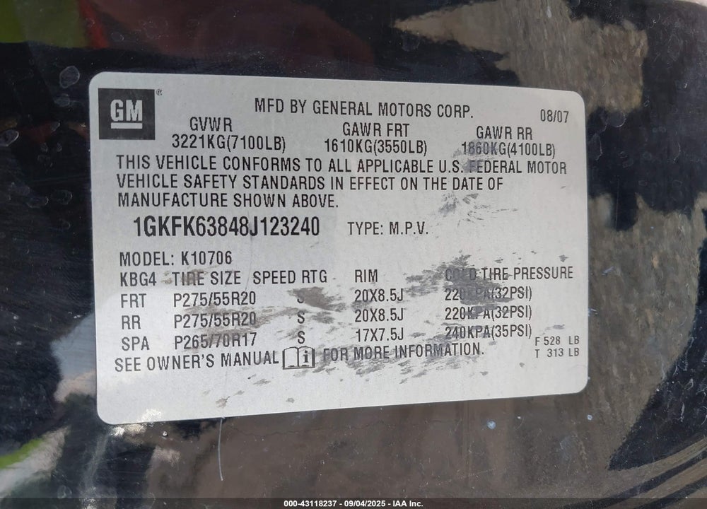 2008 GMC YUKON DENALI VIN: 1GKFK63848J123240