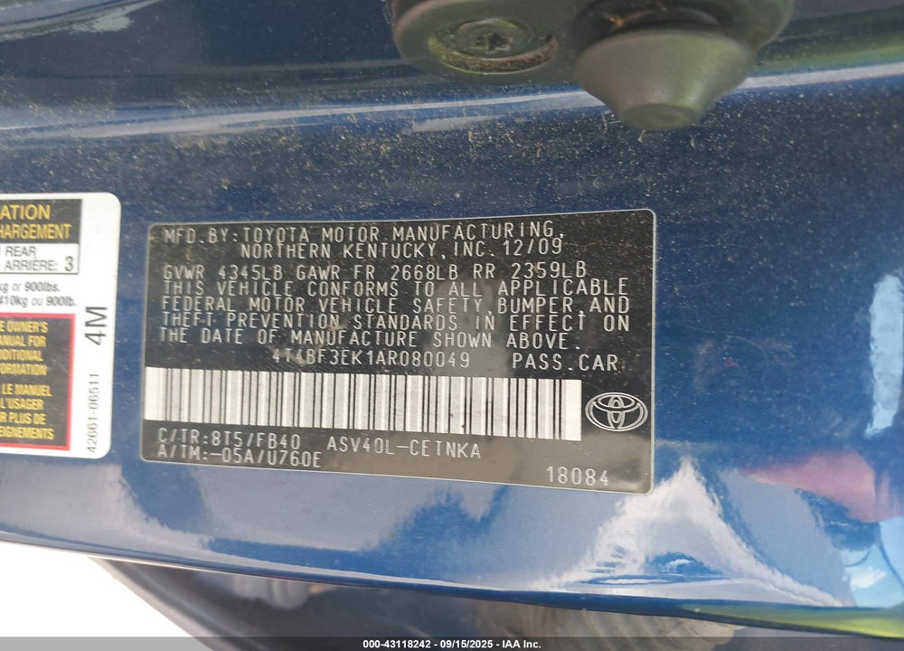 2010 TOYOTA CAMRY VIN: 4T4BF3EK1AR080049