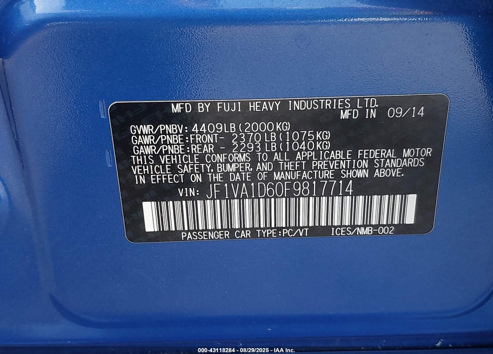 2015 SUBARU WRX VIN: JF1VA1D60F9817714