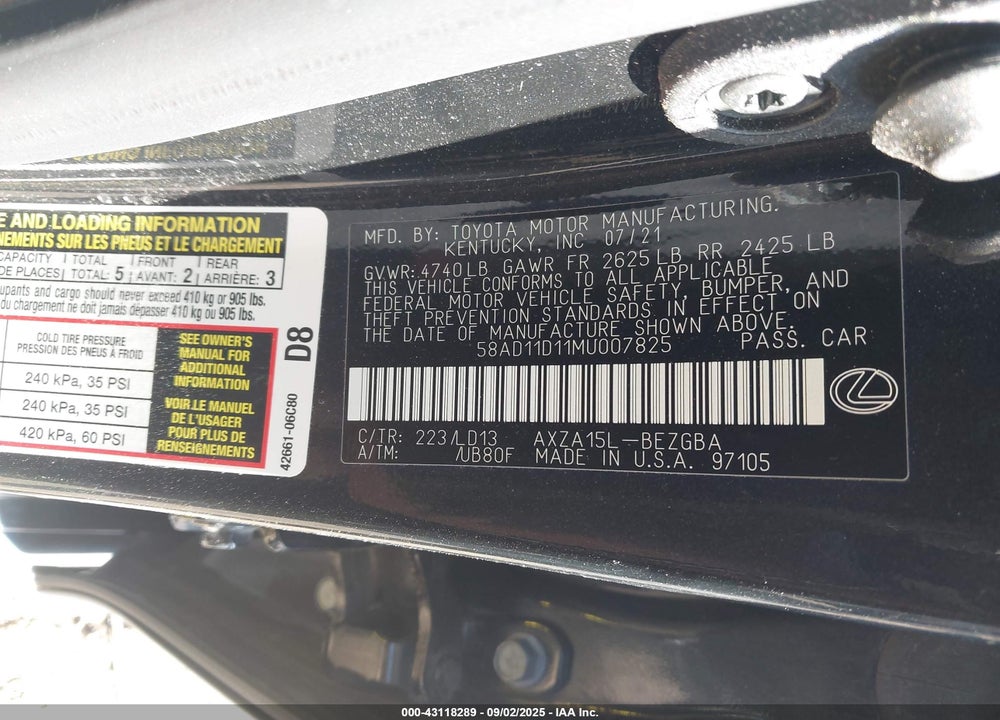 2021 LEXUS ES 250 VIN: 58AD11D11MU007825