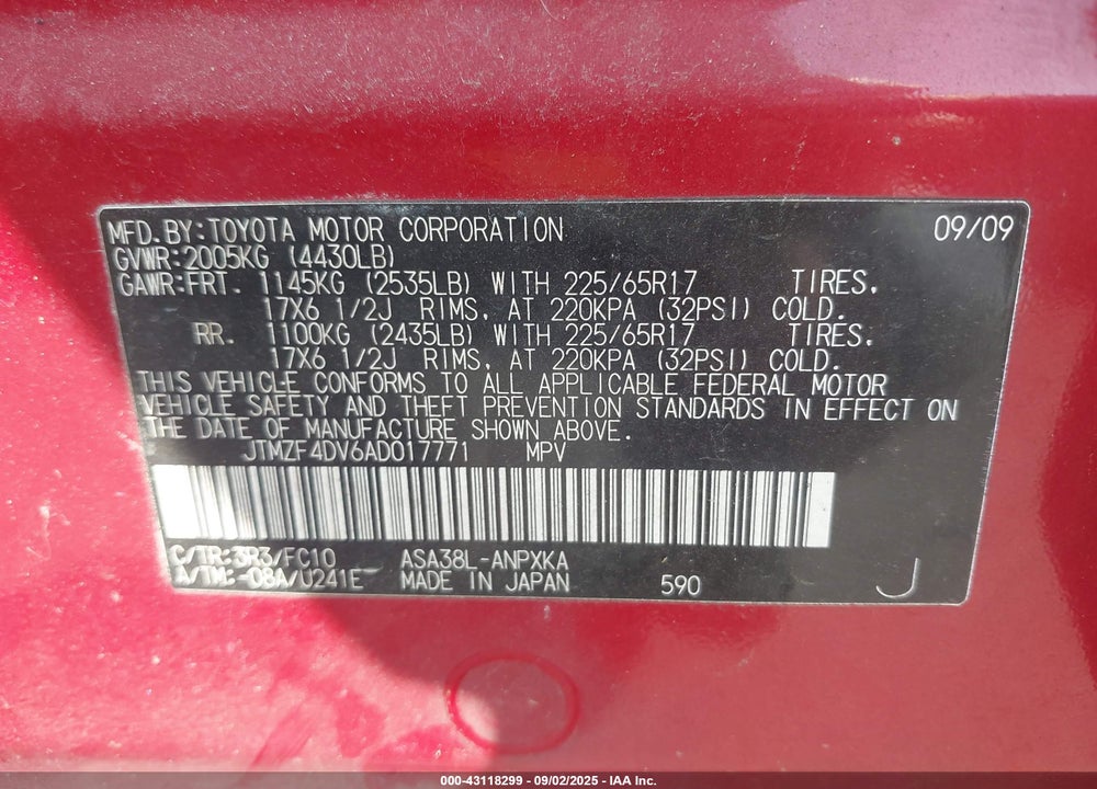 2010 TOYOTA RAV4 VIN: JTMZF4DV6AD017771