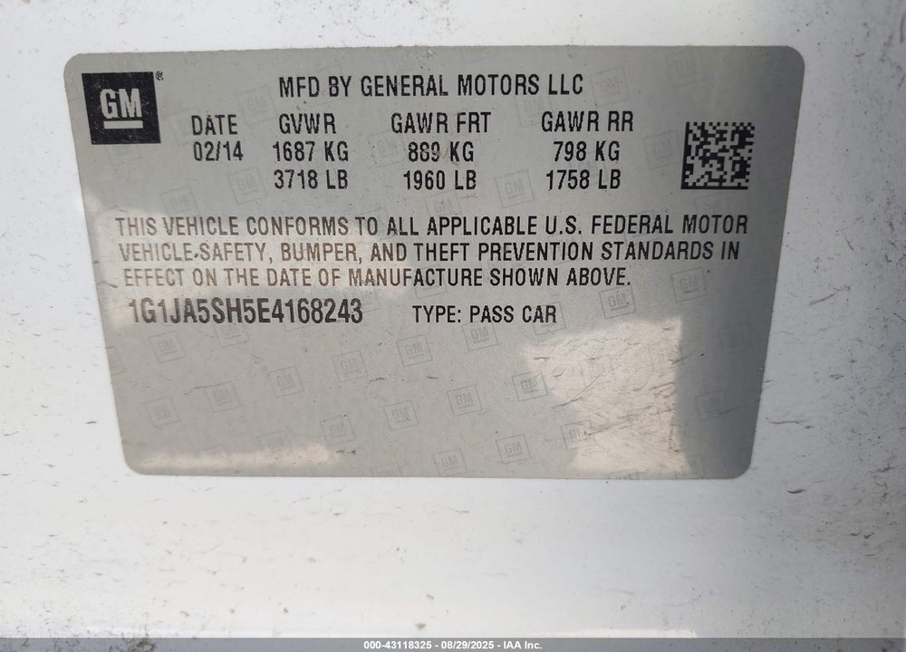 2014 CHEVROLET SONIC VIN: 1G1JA5SH5E4168243