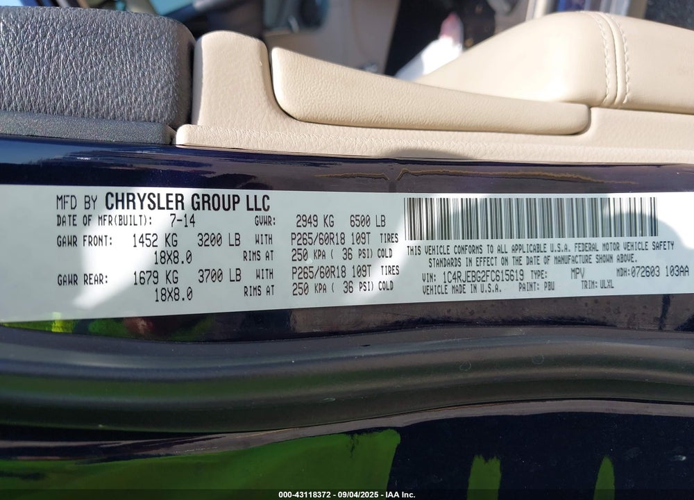 2015 JEEP GRAND CHEROKEE VIN: 1C4RJEBG2FC615619
