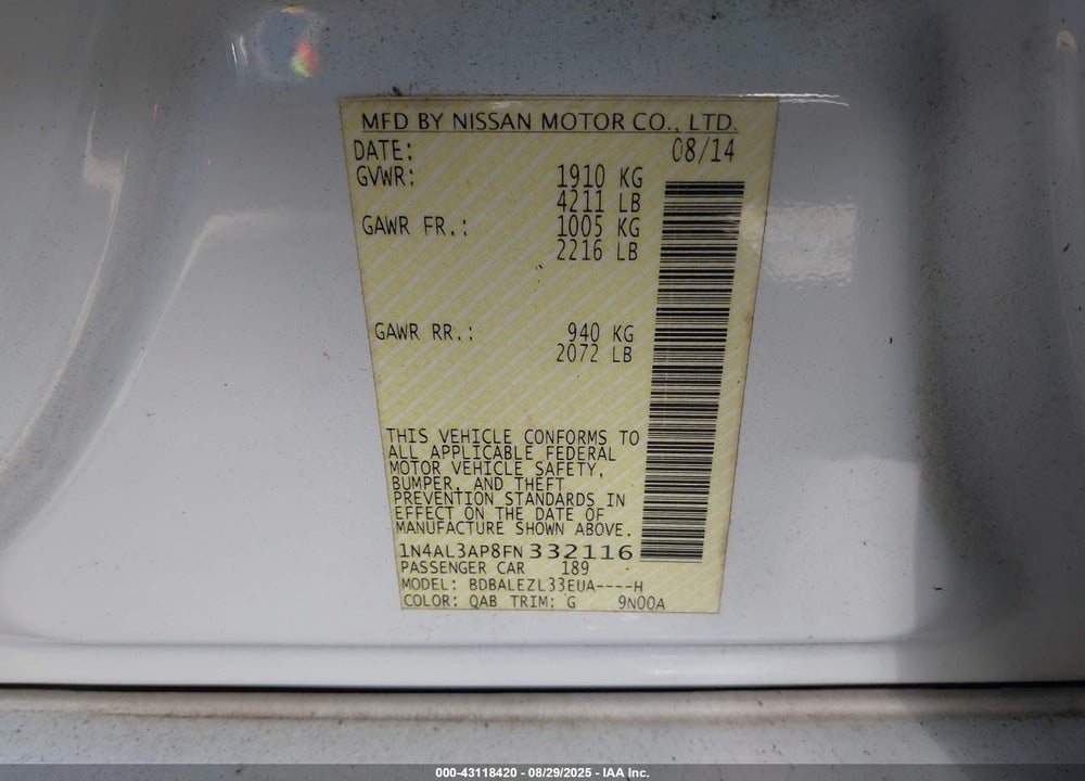 2015 NISSAN ALTIMA 2.5 S VIN: 1N4AL3AP8FN332116