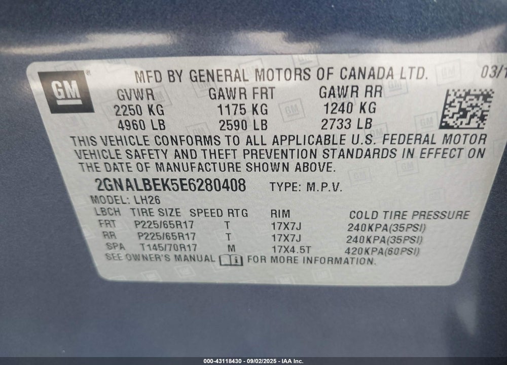 2014 CHEVROLET EQUINOX VIN: 2GNALBEK5E6280408