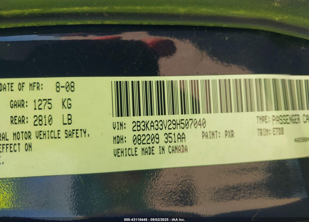 2009 DODGE CHARGER VIN: 2B3KA33V29H507040
