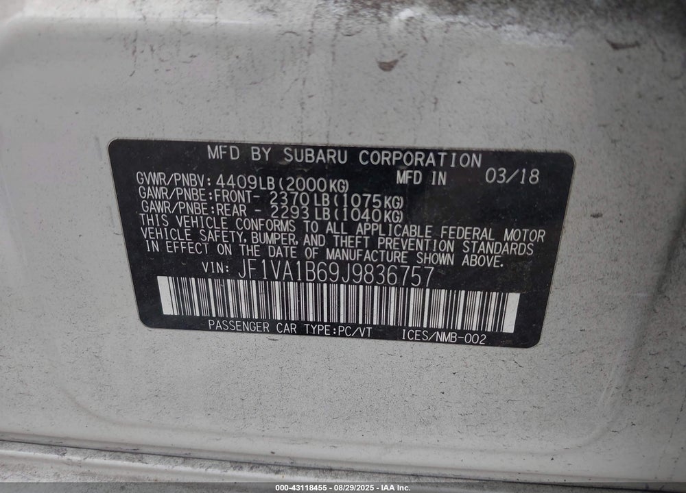 2018 SUBARU WRX VIN: JF1VA1B69J9836757