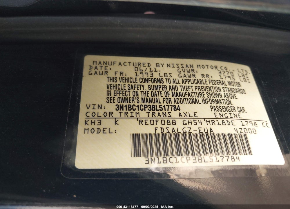 2011 NISSAN VERSA VIN: 3N1BC1CP3BL517784