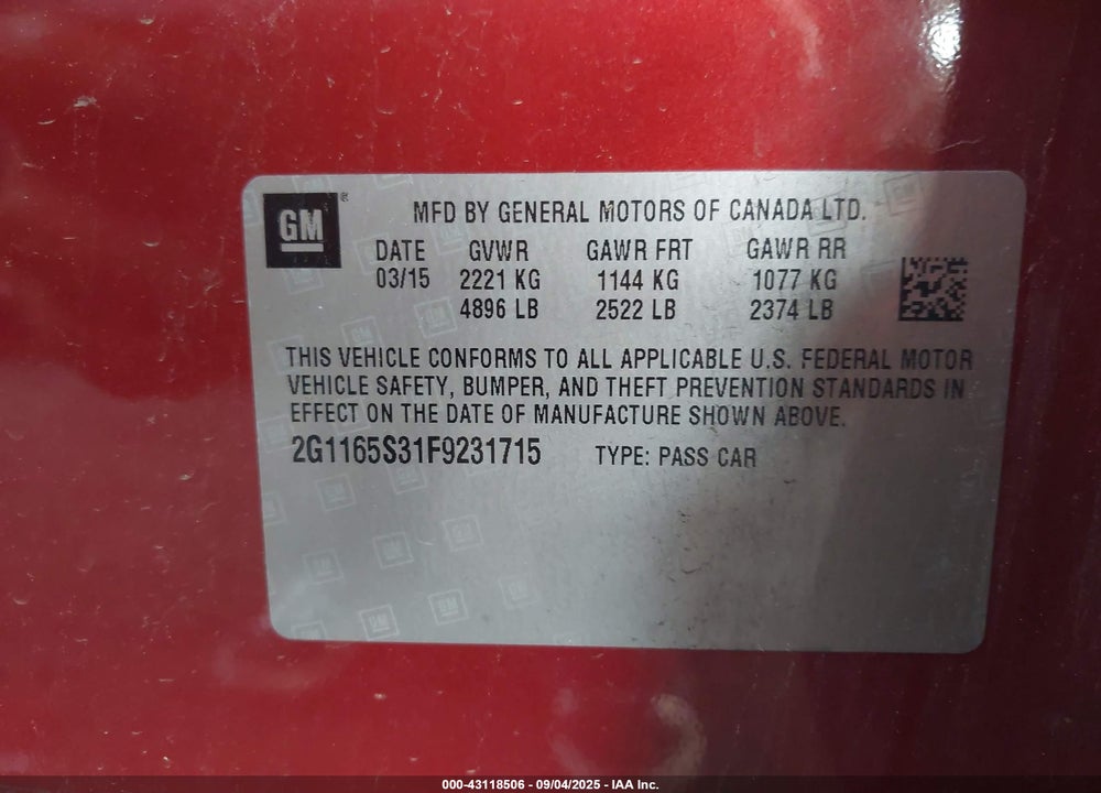 2015 CHEVROLET IMPALA 2LZ VIN: 2G1165S31F9231715