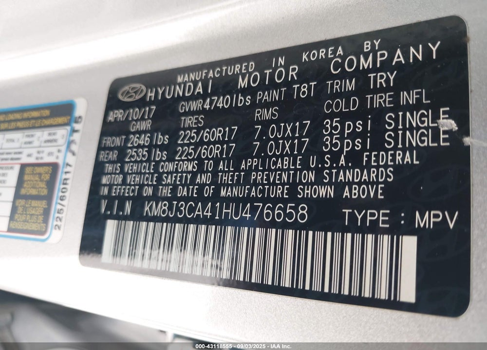 2017 HYUNDAI TUCSON SE PLUS VIN: KM8J3CA41HU476658