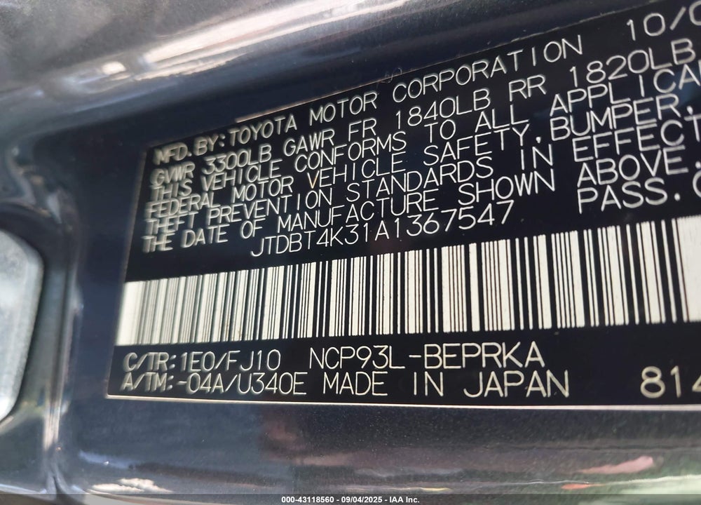 2010 TOYOTA YARIS VIN: JTDBT4K31A1367547