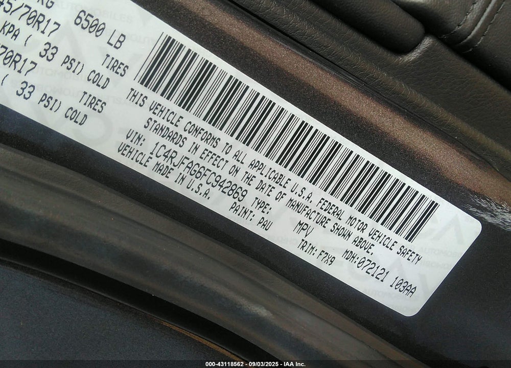 2015 JEEP GRAND CHEROKEE VIN: 1C4RJFAG6FC942869