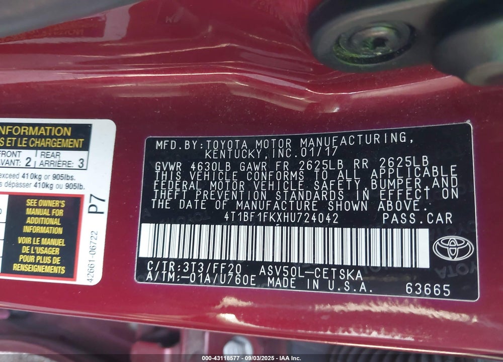 2017 TOYOTA CAMRY VIN: 4T1BF1FKXHU724042