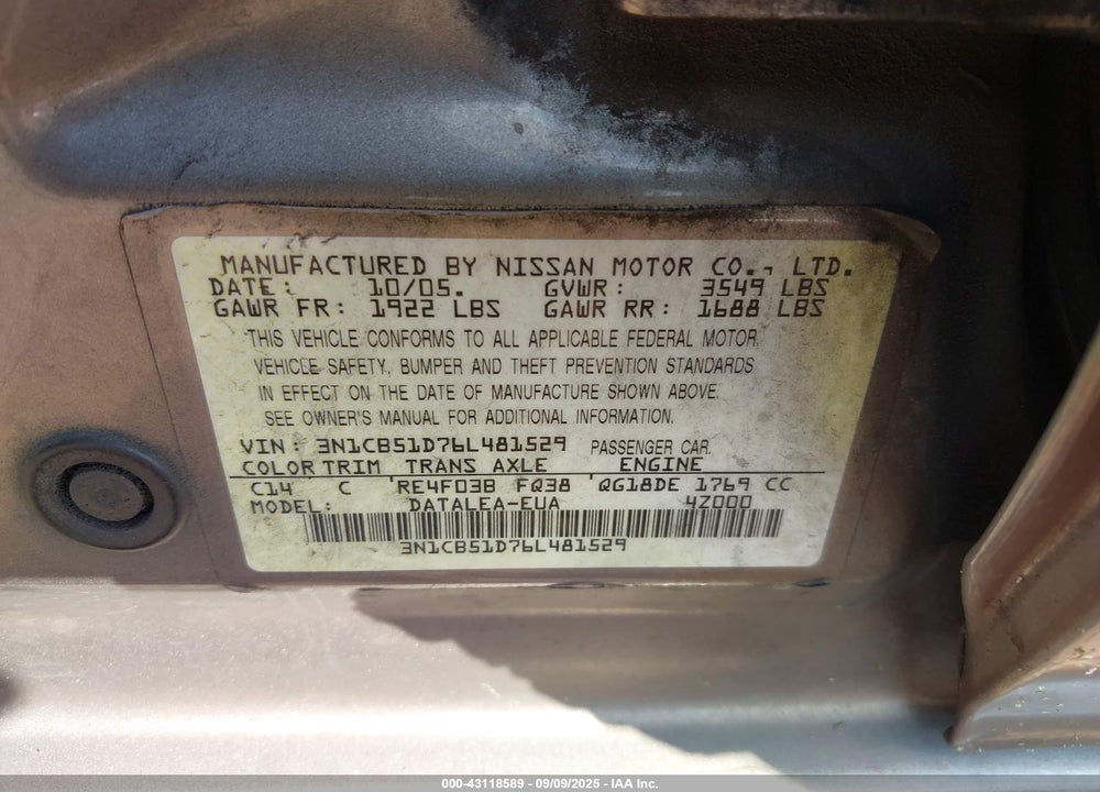 2006 NISSAN SENTRA 1.8S VIN: 3N1CB51D76L481529