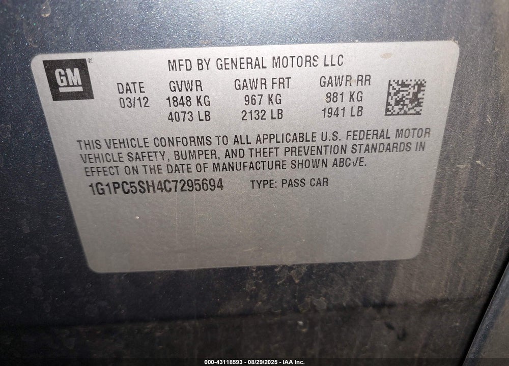 2012 CHEVROLET CRUZE VIN: 1G1PC5SH4C7295694
