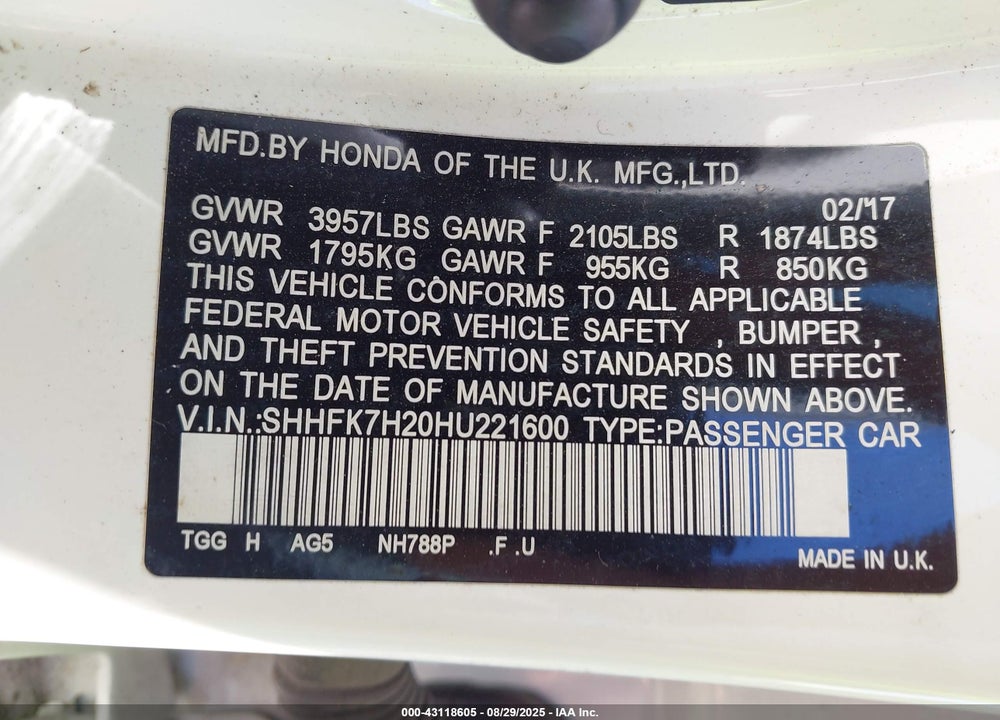 2017 HONDA CIVIC VIN: SHHFK7H20HU221600