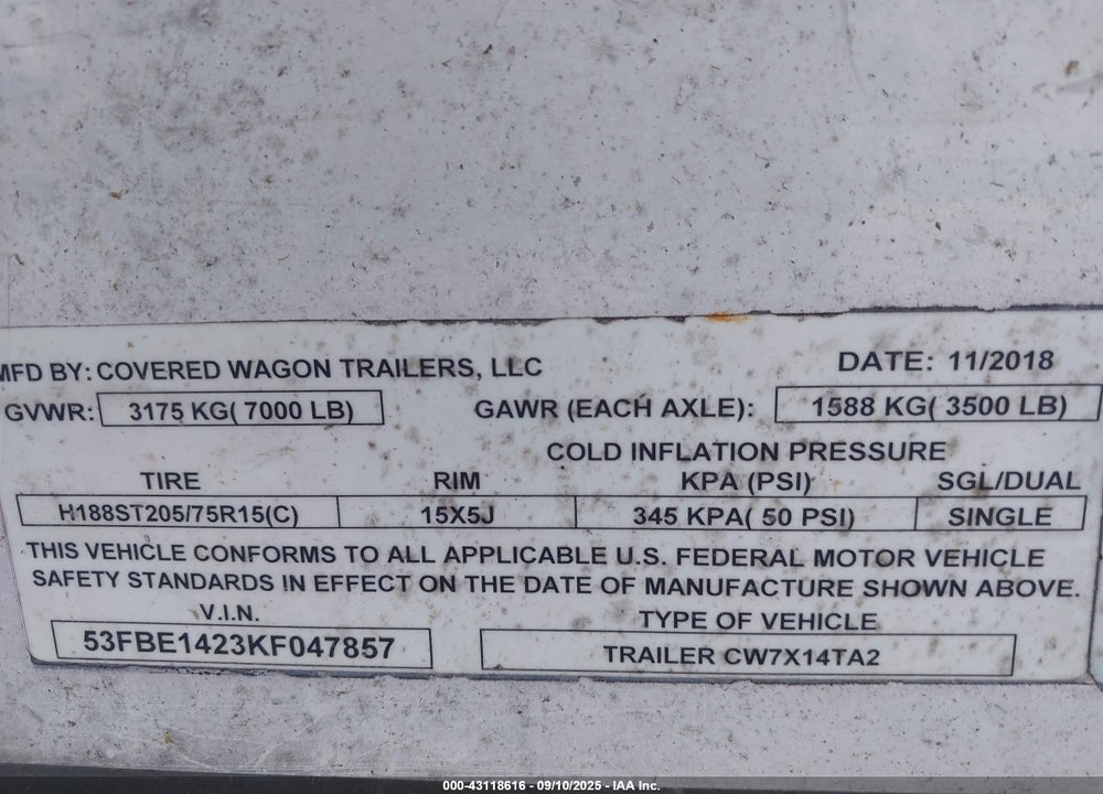 2019 COVERED WAGON TRAILER VIN: 53FBE1423KF047857