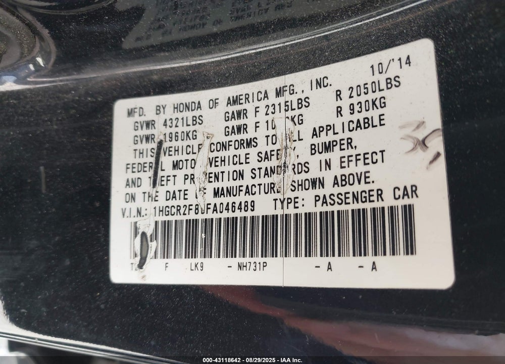 2015 HONDA ACCORD VIN: 1HGCR2F80FA046489