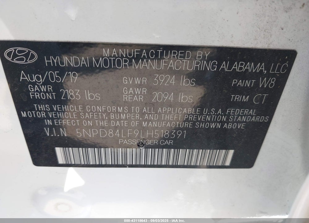2020 HYUNDAI ELANTRA VIN: 5NPD84LF9LH518391