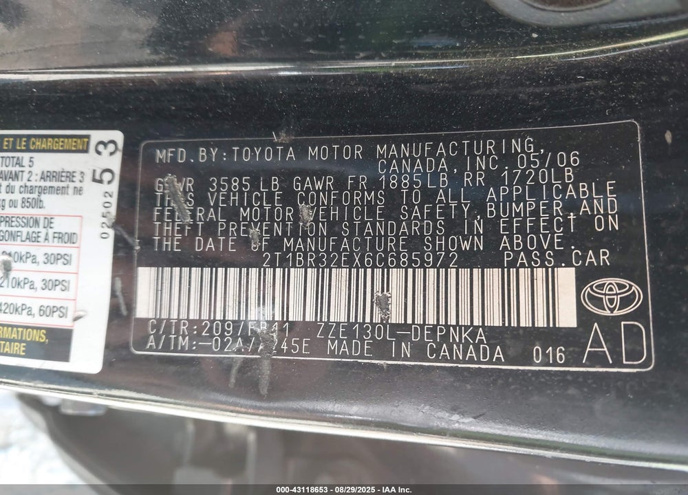 2006 TOYOTA COROLLA LE VIN: 2T1BR32EX6C685972