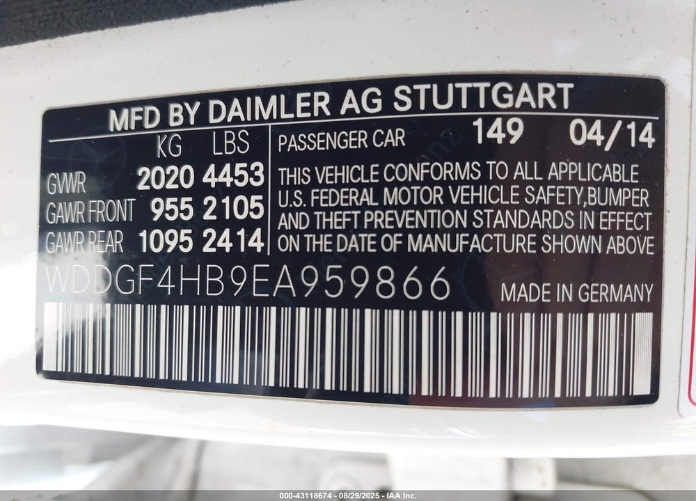 2014 MERCEDES-BENZ C CLASS VIN: WDDGF4HB9EA959866