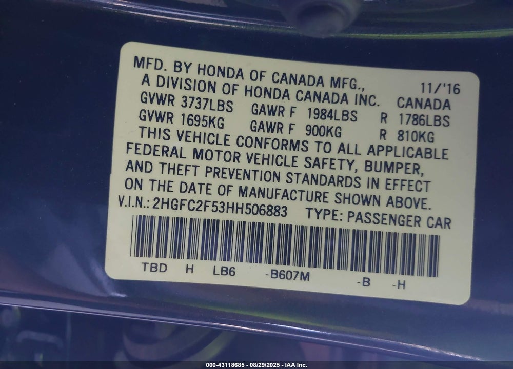 2017 HONDA CIVIC VIN: 2HGFC2F53HH506883