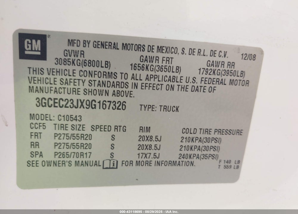 2009 CHEVROLET SILVERADO 1500 VIN: 3GCEC23JX9G167326