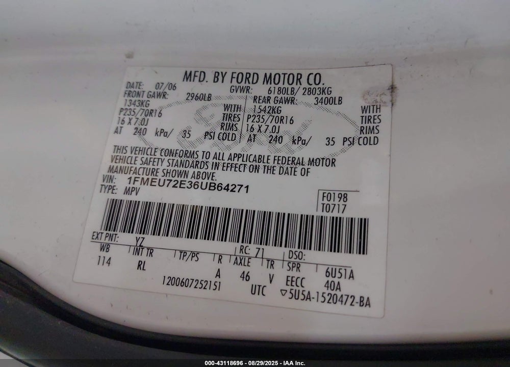 2006 FORD EXPLORER XLS VIN: 1FMEU72E36UB64271