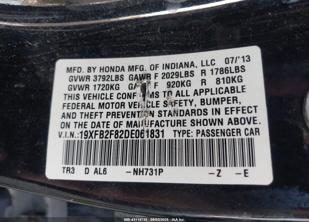 2013 HONDA CIVIC VIN: 19XFB2F82DE061831