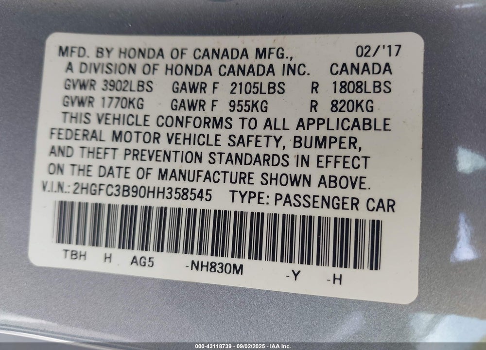 2017 HONDA CIVIC VIN: 2HGFC3B90HH358545