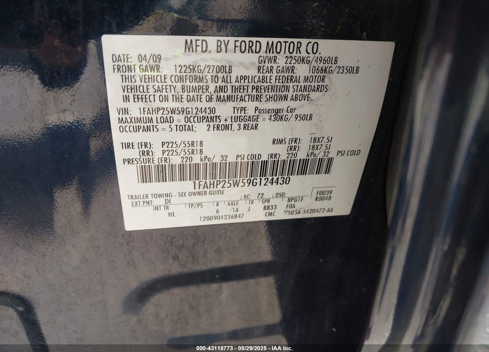 2009 FORD TAURUS VIN: 1FAHP25W59G124430