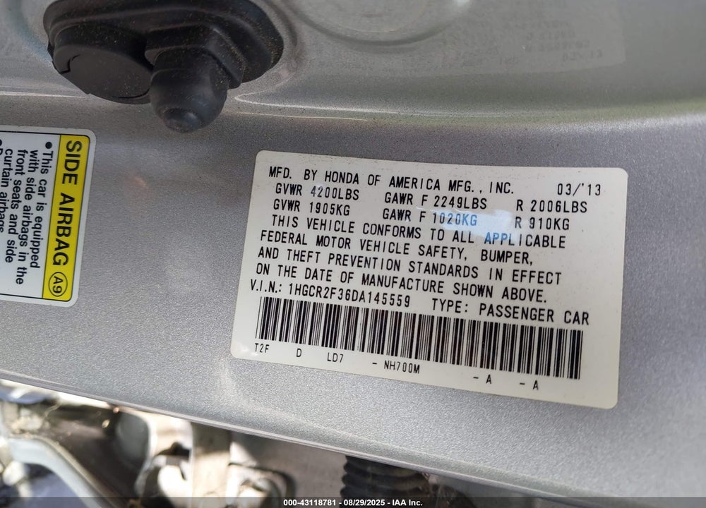 2013 HONDA ACCORD LX VIN: 1HGCR2F36DA145559