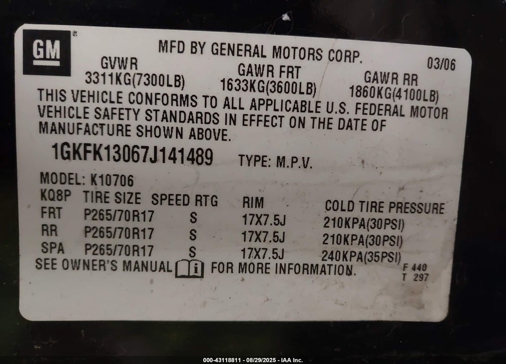 2007 GMC YUKON SLT VIN: 1GKFK13067J141489